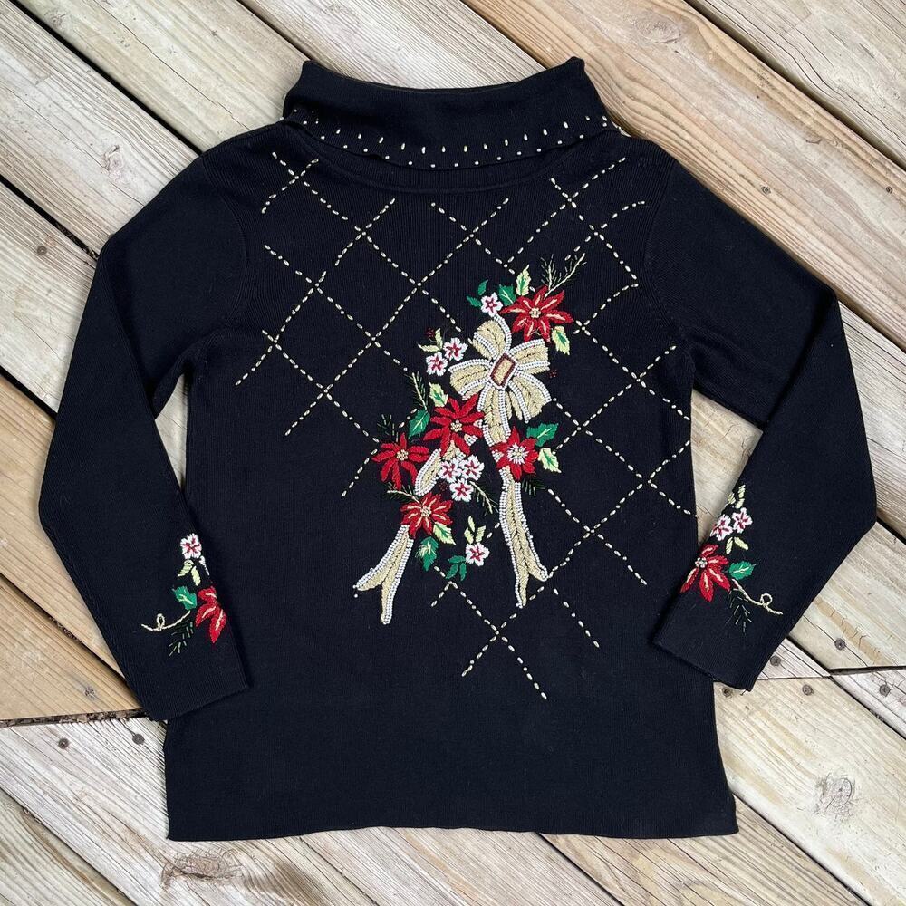 Kikit Women's Vintage Black Embroidered Holiday Sweater Size M
